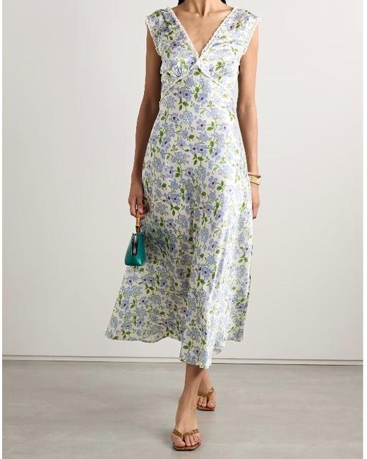 Doen White Tahlia Lace-Trimmed Floral-Print Silk-Charmeuse Midi Dress