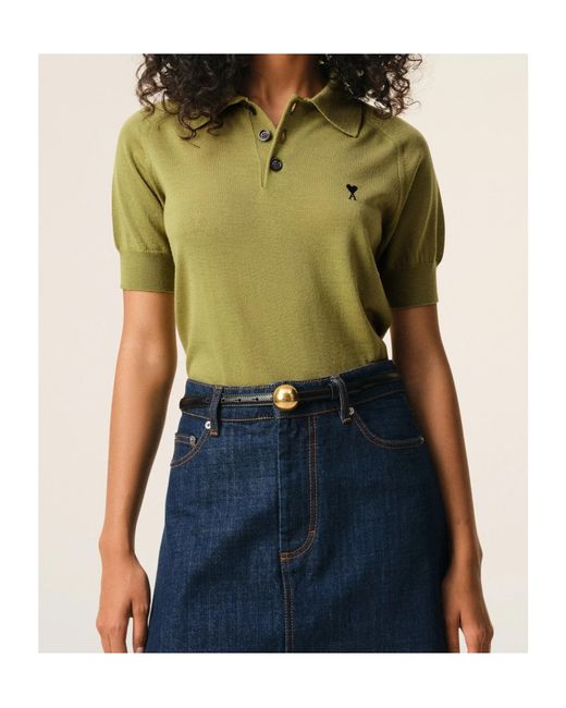AMI Green Logo Embroidered Knitted Polo Top