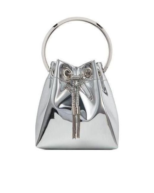 Jimmy Choo White Bon Bon Metallic Drawstring Mini Bucket Bag