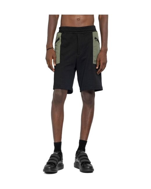 McQueen Black Two-Tone Elasticated Track Shorts for men