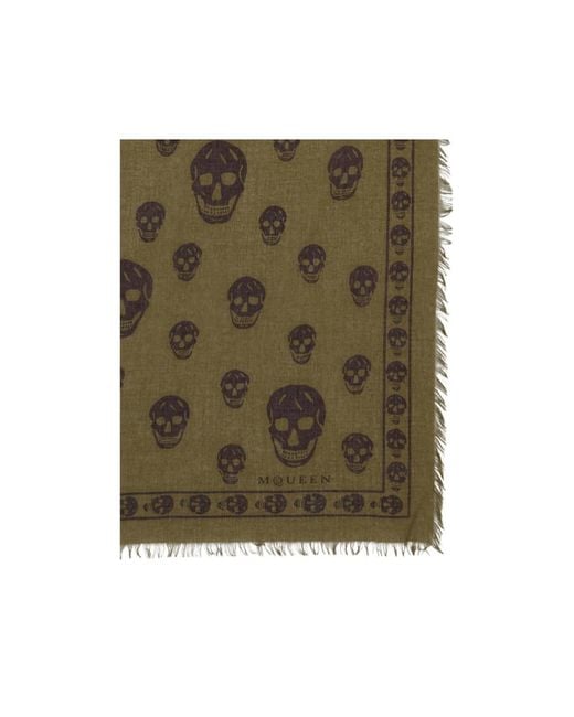 McQueen Green Classic Skull Printed Frayed-Edeg Scarf for men