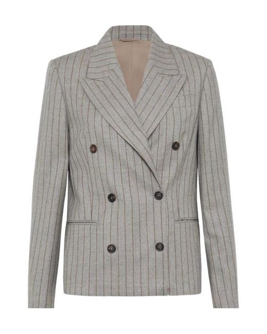 Brunello Cucinelli Gray Pinstripe Double-Breasted Blazer