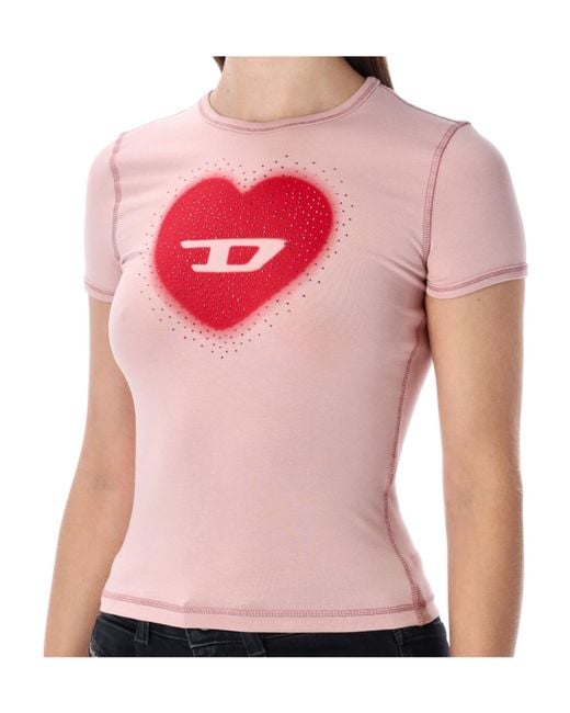 DIESEL Pink Heart Printed Crewneck T-Shirt