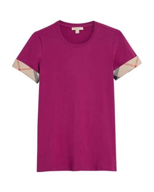 Burberry Pink Cotton Round-Collar Checked Cuff T-Shirt