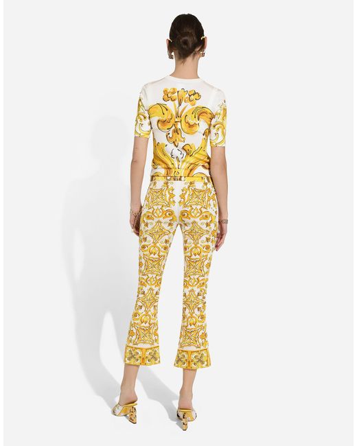 Dolce & Gabbana Metallic Majolica Trumpet-Leg Silk Pants