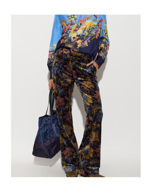 Etro Black Cotton Velvet Trousers With Floral Overprint