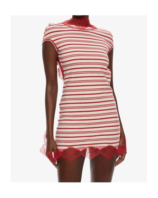 Christopher Esber Red Stripe Jersey Lace Trimmed Tee Dress