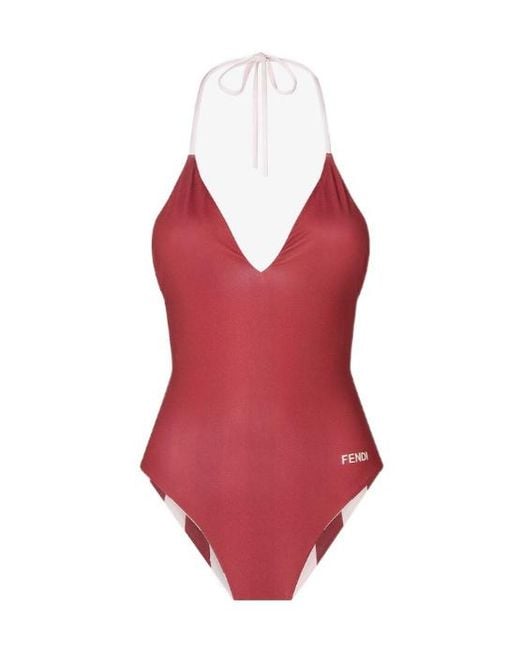 Fendi Red Striped Halterneck One-Piece Swimsuit