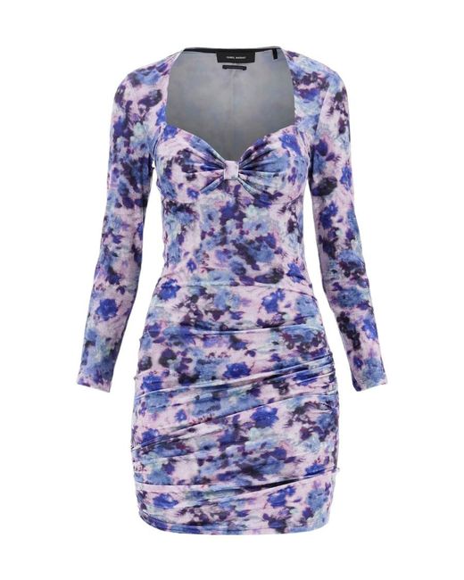Isabel Marant Blue Floral-Printed Ruched Detail Mini Dress