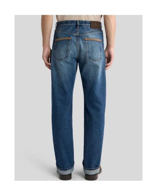 Etro Blue Straight-Leg Cotton Denim Jeans With Contrasting Details for men