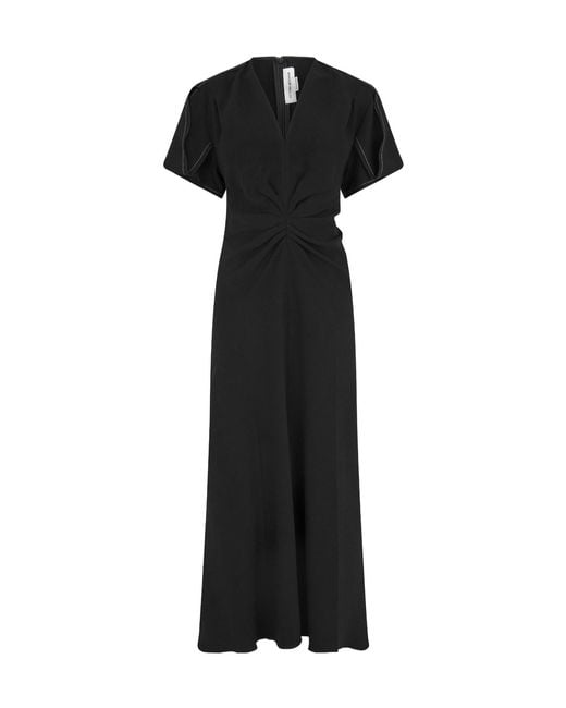 Victoria Beckham Black Gathered V-Neck Midi Dress