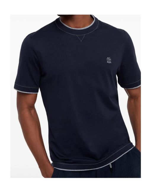 Brunello Cucinelli Blue Logo Embroidered Layered T-Shirt for men