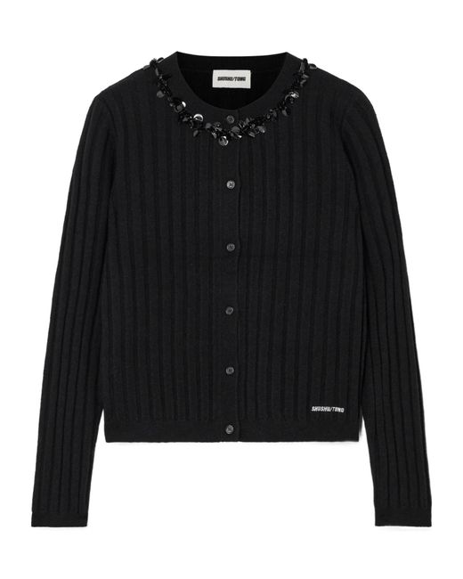 ShuShu/Tong Black Embellished Embroidered Ribbed Wool-Blend Cardigan