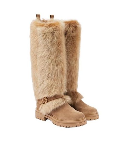 Gianvito Rossi Natural Shearling-Trimmed Suede Knee-High Boots