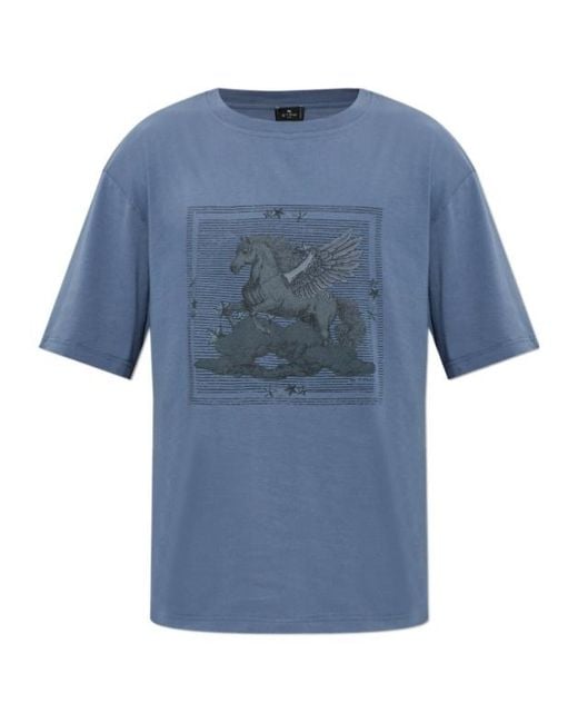 Etro Blue Pegasus-Print T-Shirt for men