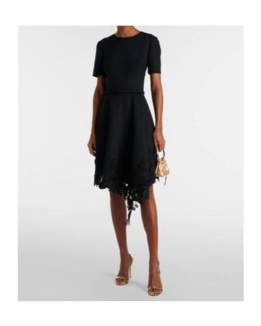 Oscar de la Renta Black Asymmetric Wool-Blend Midi Dress