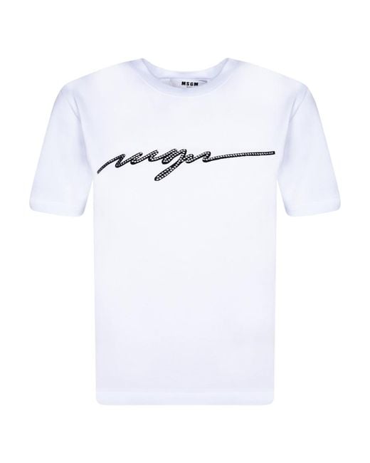 MSGM White Logo Printed Crewneck T-Shirt