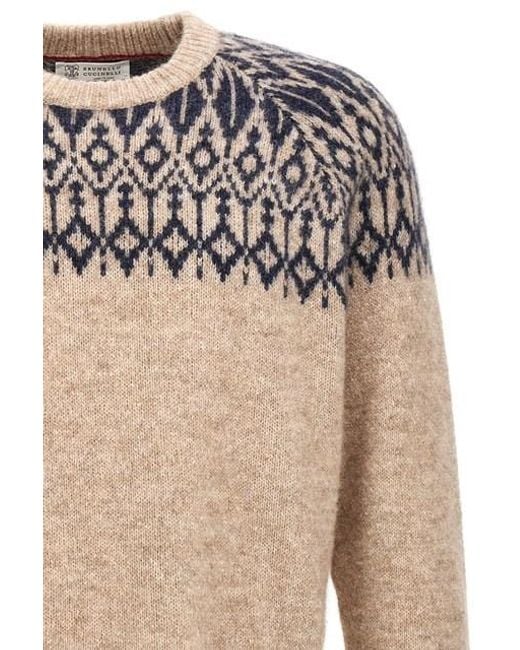 Brunello Cucinelli White Patterned Knitted Crewneck Jumper for men