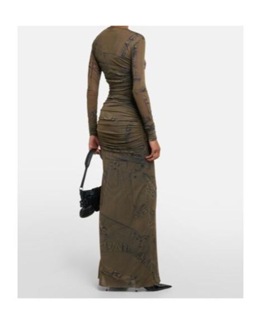 Blumarine Green Printed Ruched Jersey Maxi Dress