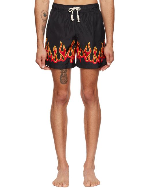 Palm Angels Black Flame-Printed Drawstring Swimming Trunks for men
