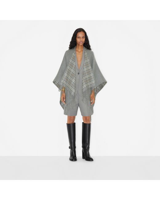 Burberry Gray Wool Reversible Check Cape