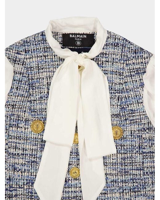 Balmain Blue Tie-Detailed Tweed Cropped Jacket