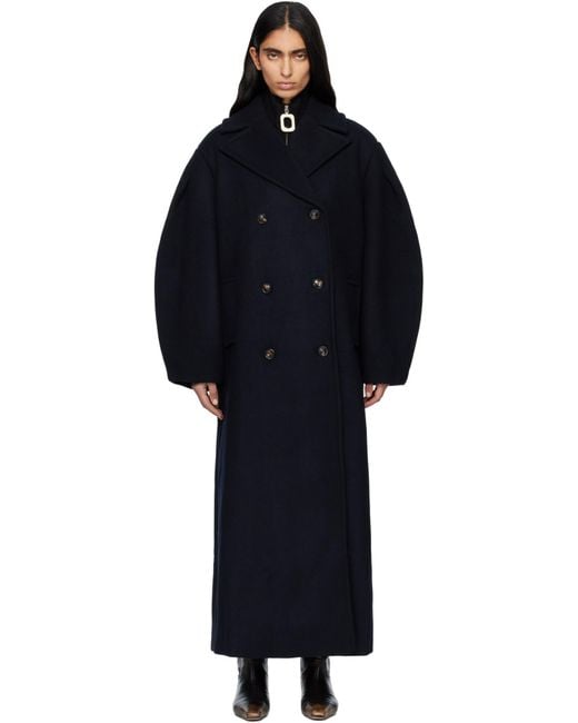Ganni Blue Double-Breasted Long Coat