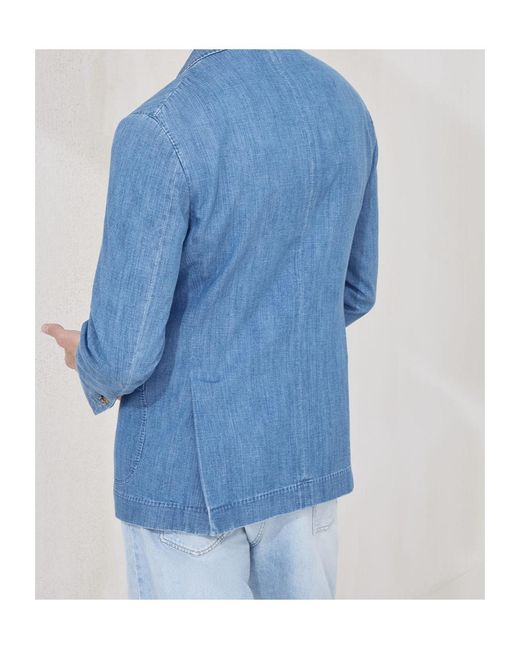 Brunello Cucinelli Blue Denim Double-Breasted Blazer for men