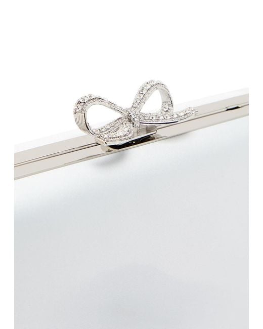 Self-Portrait White Crystal Bow-Embellished Satin Clutch
