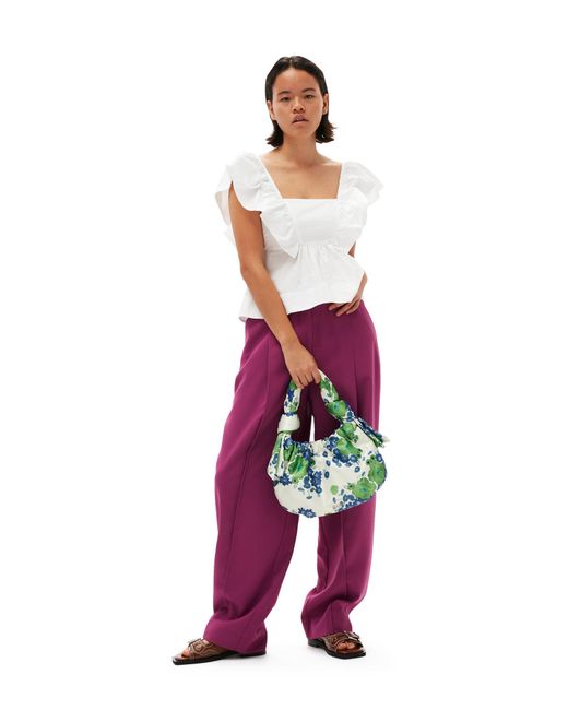 Ganni Purple Low-Rise Pleated Straight-Leg Trousers