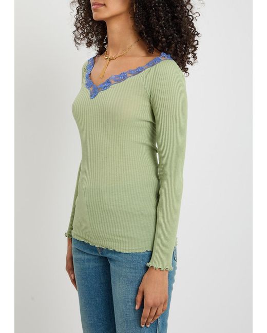 Chloé Green V-Neck Lace Trim Top