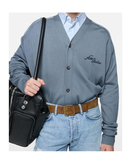 Acne Blue Silk V-Neck Cardigan for men