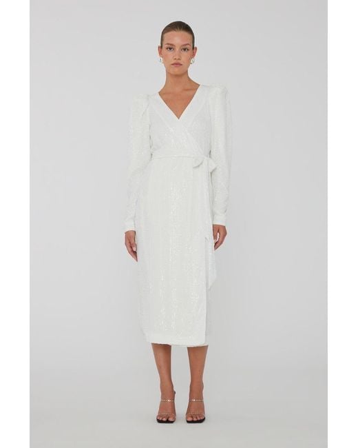 ROTATE BIRGER CHRISTENSEN White V-Neck Sequined Midi Wrap Dress