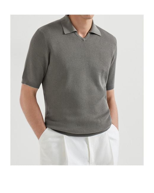 Brunello Cucinelli Gray Fine-Knitted Ribbed Polo Shirt for men