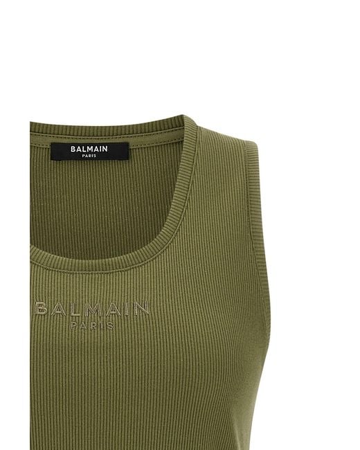 Balmain Green Logo Embroidered Ribbed Tank Top