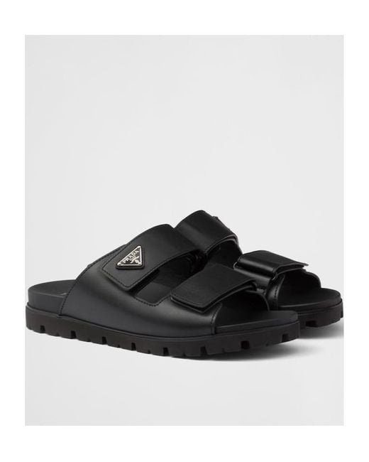 Prada Black Leather Strap Slides for men