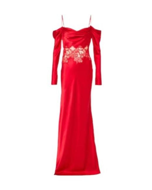 Rebecca Vallance Red Rubia Lace-Trimmed Silk Satin Gown