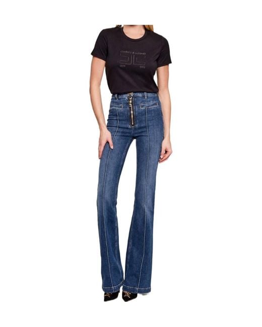Elisabetta Franchi Blue Logo Embroidered Crewneck T-Shirt