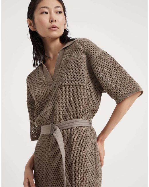 Brunello Cucinelli Natural Crochet-Knitted Belted Midi Dress