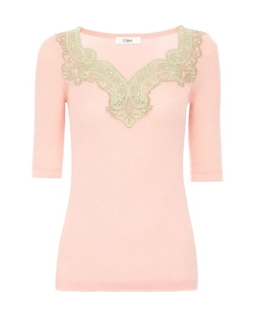 Chloé Pink Chloé Ribbed Guipure-Trim Knitted Sweater