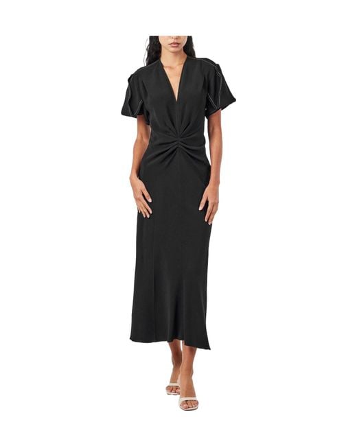 Victoria Beckham Black Gathered V-Neck Midi Dress