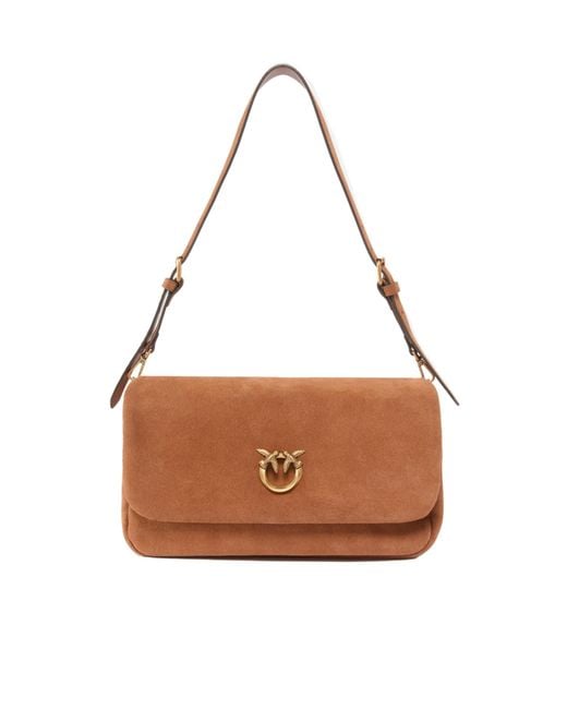Pinko Brown Logo-Appliqué Flap Shoulder Bag