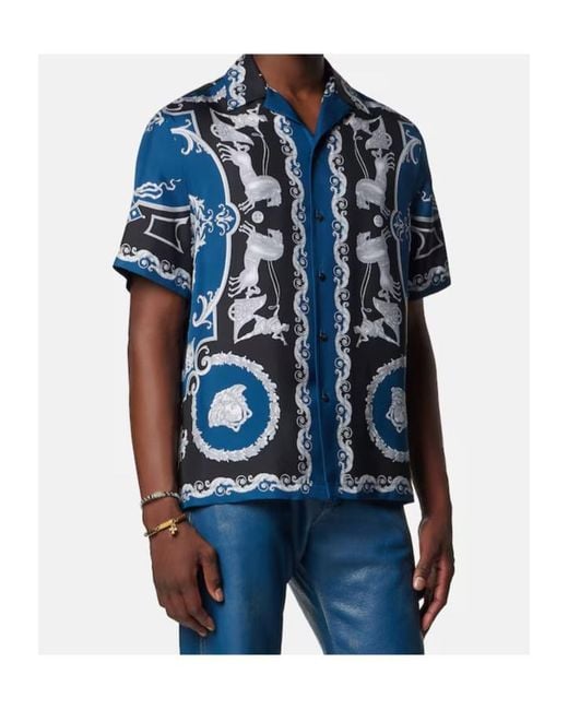 Versace Blue Baroque Printed Short-Sleeved Shirt for men