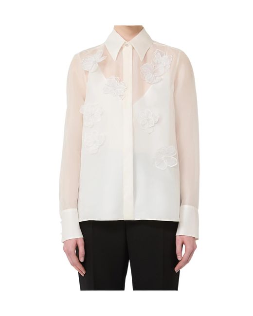 Max Mara White Mseagi Embroidered-Flower Silk Shirt