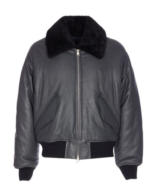 AMI Black Zip-Up Leather Bomber Jacket for men