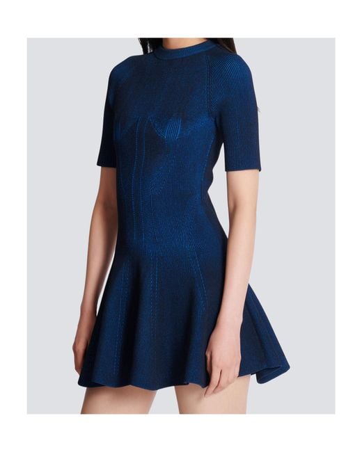 Balmain Blue Flared Hem Ribbed Mini Dress