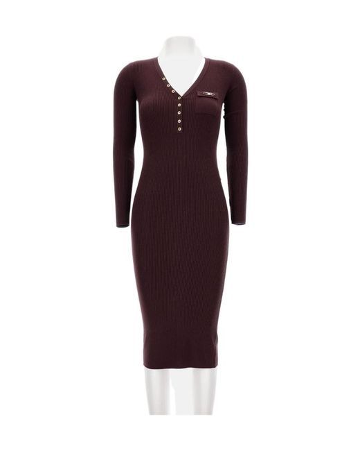 Elisabetta Franchi Red Ribbed V-Neck Buttoned-Up Dress