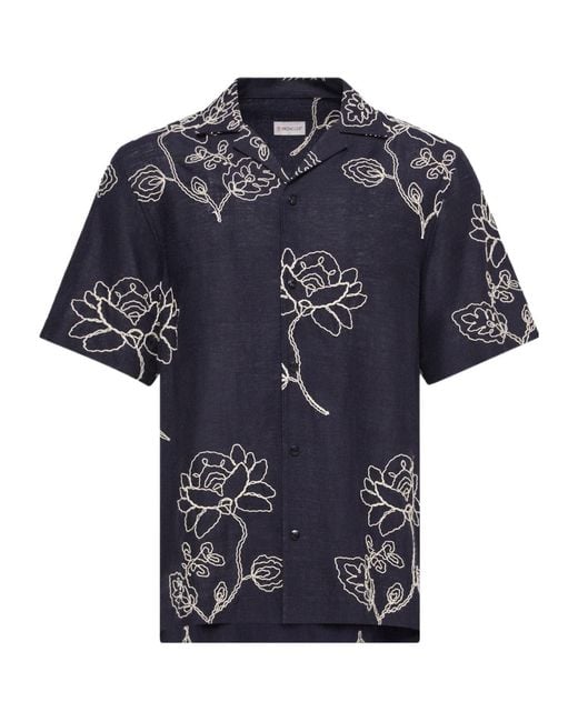 Moncler Blue Embroidered Linen Blend Shirt for men