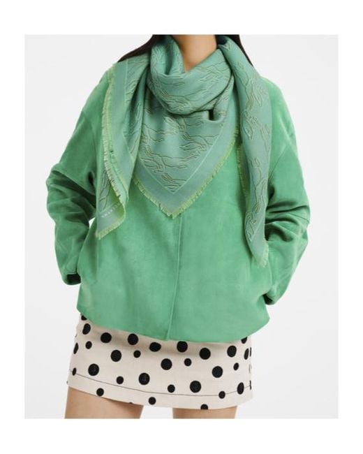 Longchamp Green Fringed Horse-Motif Scarf