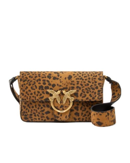 Pinko Brown Leopard Printed Love Birds Plaque Shoulder Bag